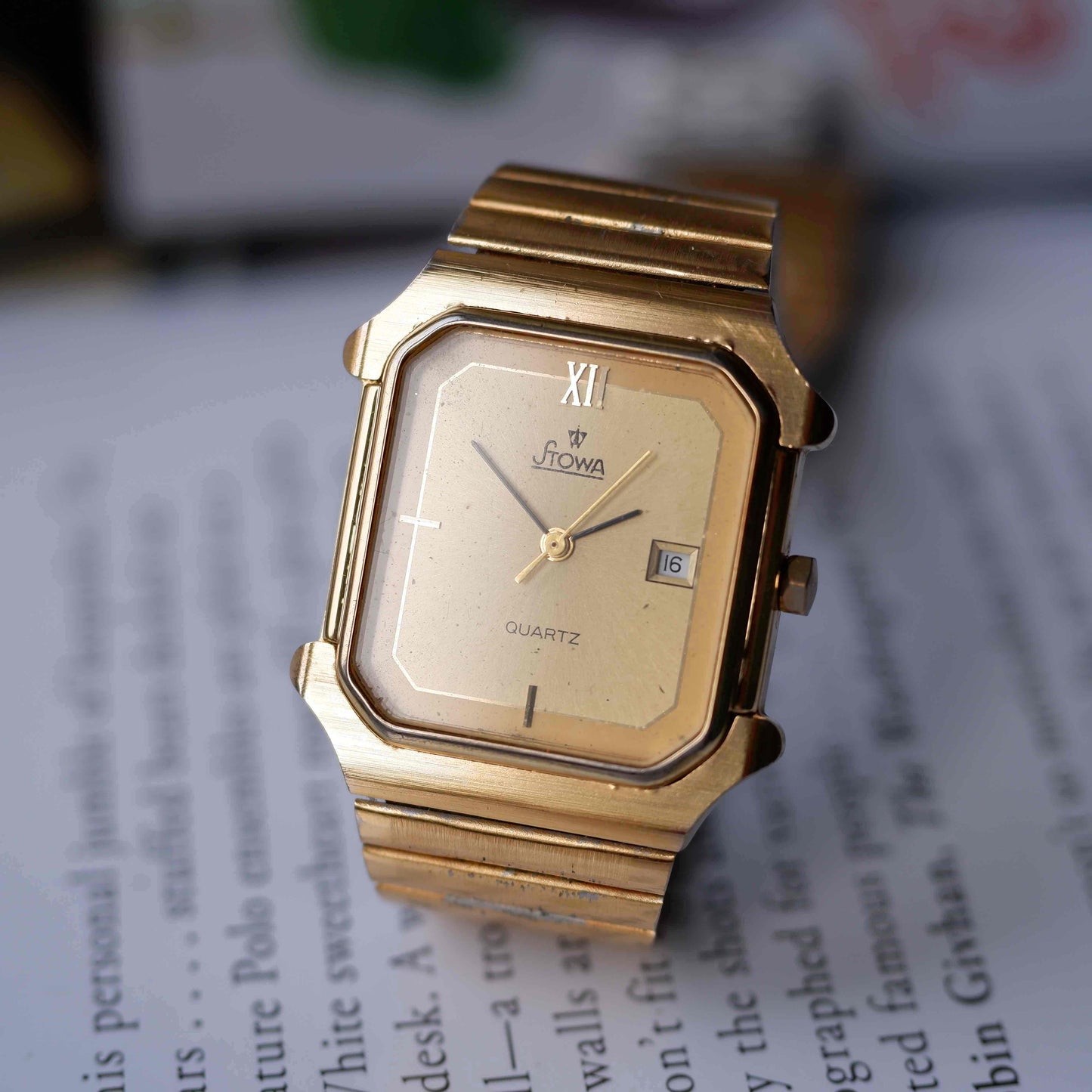 Vintage Stowa Tank Watch 80s Gold Champagne Dial Quartz Date
