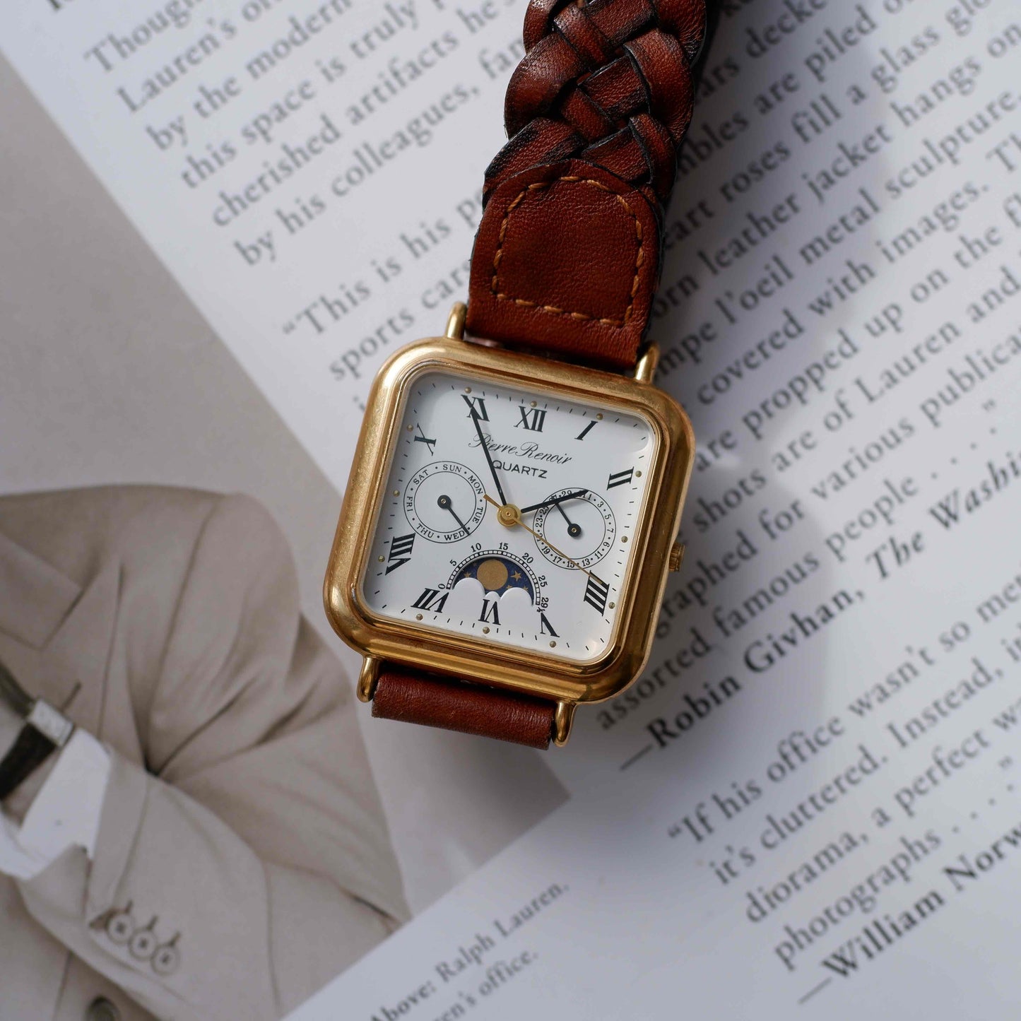 Vintage Pierre Renoir Moon Phase Day-Date Dress Watch 90s Gold Quartz MINT