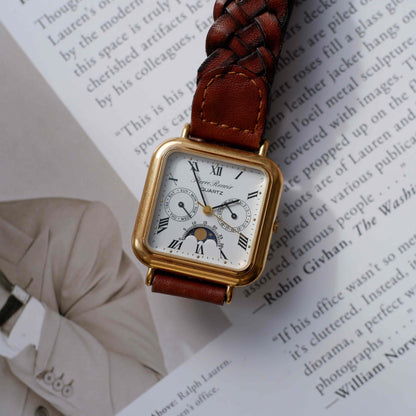 Vintage Pierre Renoir Moon Phase Day-Date Dress Watch 90s Gold Quartz MINT