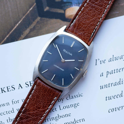 Vintage Bulova Tank Longchamp Watch 70s Blue Dial Swiss Manual Wind