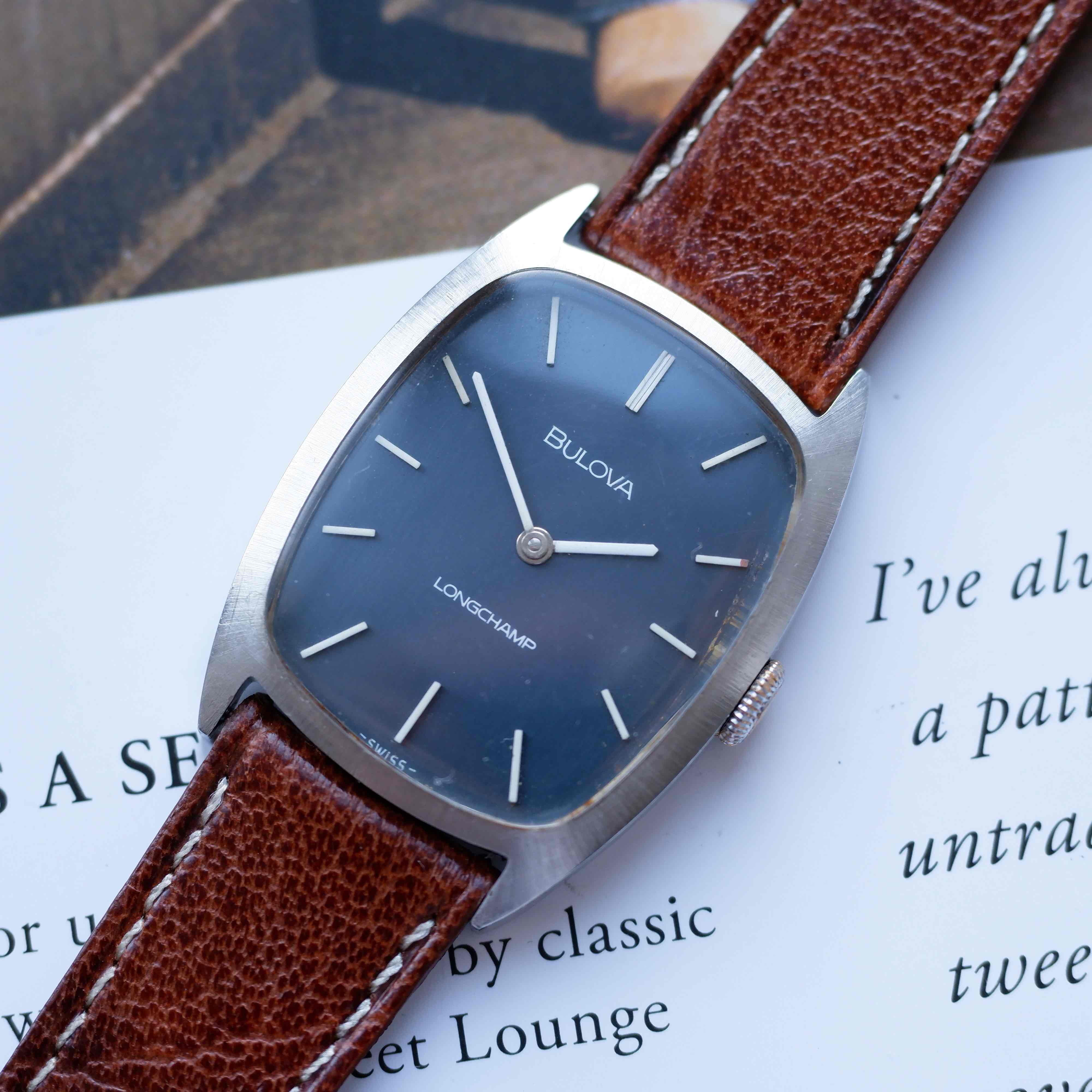 Vintage Bulova Tank Longchamp Watch 70s Blue Dial Swiss Manual