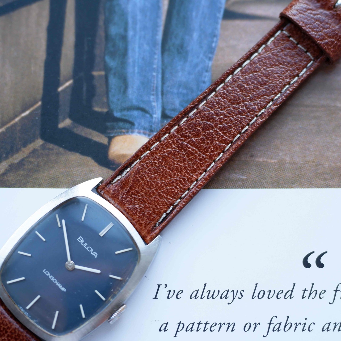 Vintage Bulova Tank Longchamp Watch 70s Blue Dial Swiss Manual Wind