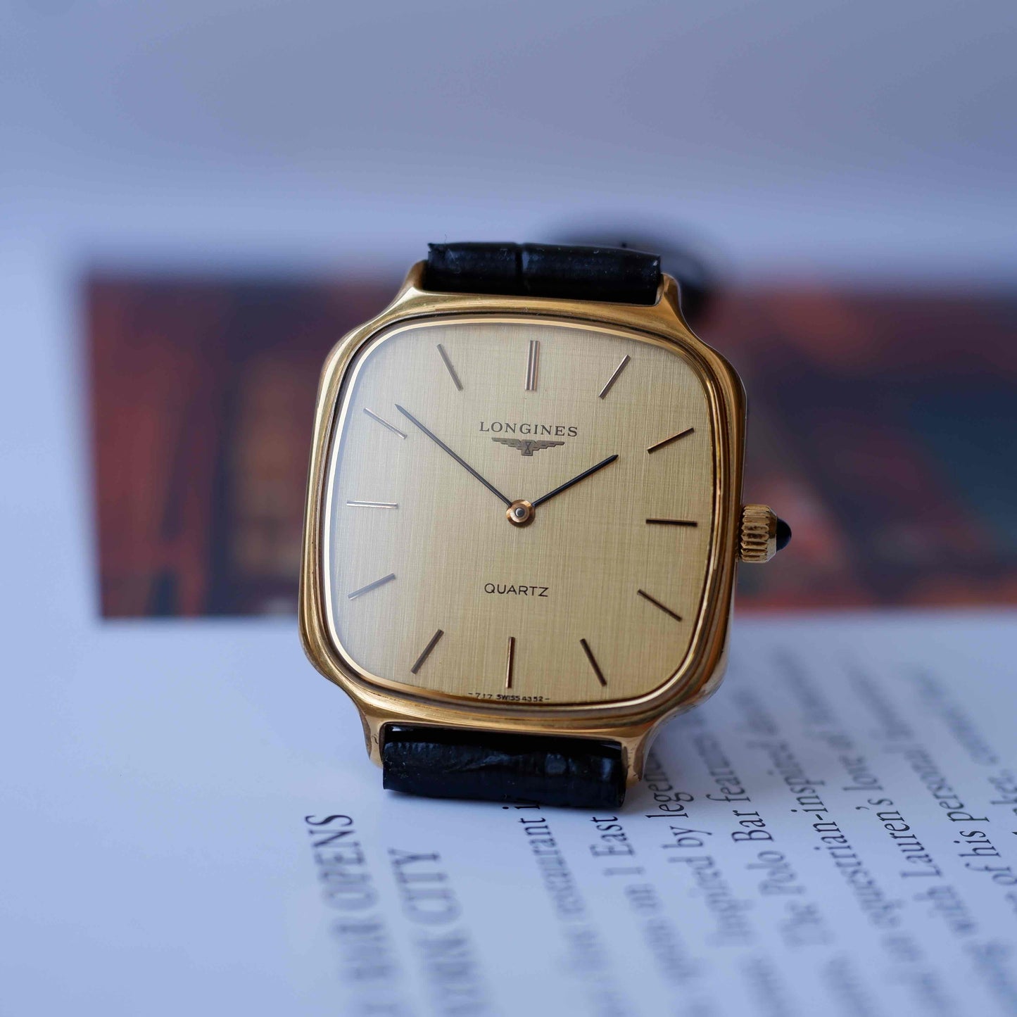 Vintage Longines TV Case Watch Gold Linen Dial Cabochon Crown 80s