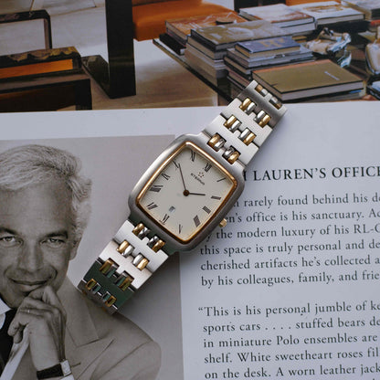 Vintage Eterna Tank Watch Two-Tone White Dial Swiss Made 80s