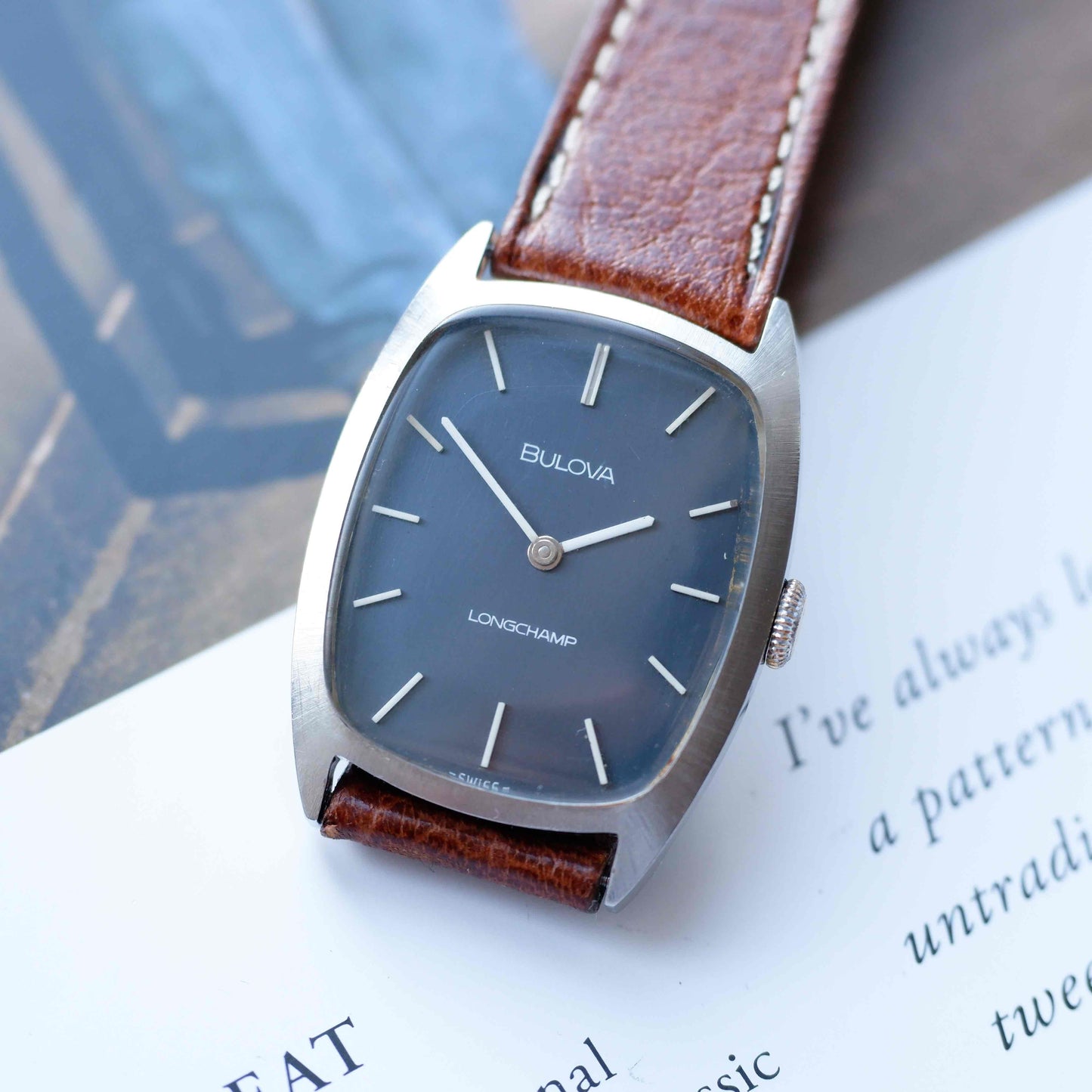 Vintage Bulova Tank Longchamp Watch 70s Blue Dial Swiss Manual Wind