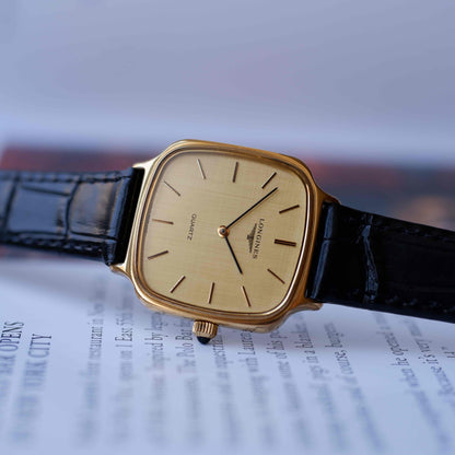 Vintage Longines TV Case Watch Gold Linen Dial Cabochon Crown 80s