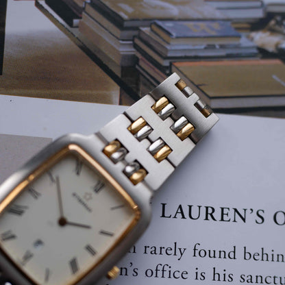 Vintage Eterna Tank Watch Two-Tone White Dial Swiss Made 80s