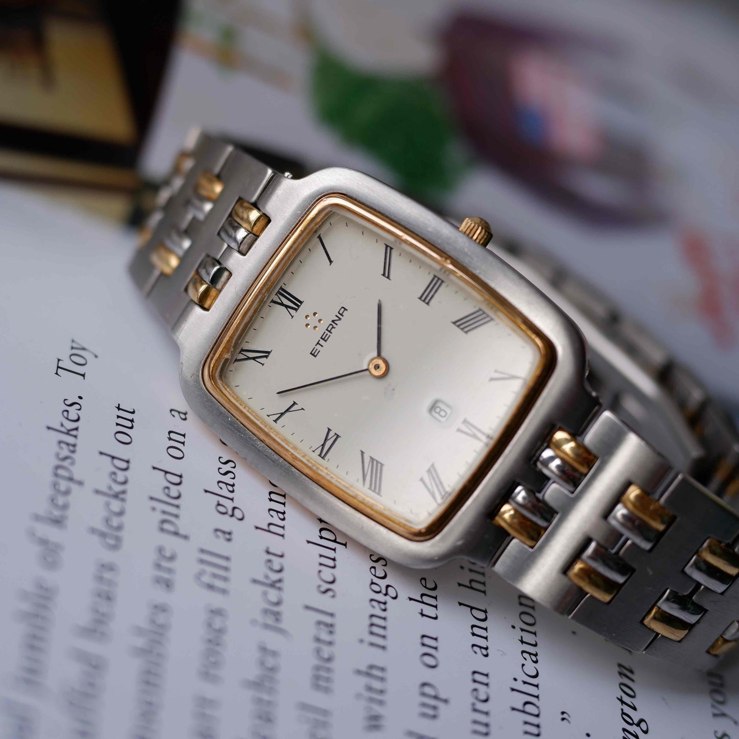 Vintage Eterna Tank Watch Two-Tone White Dial Swiss Made 80s