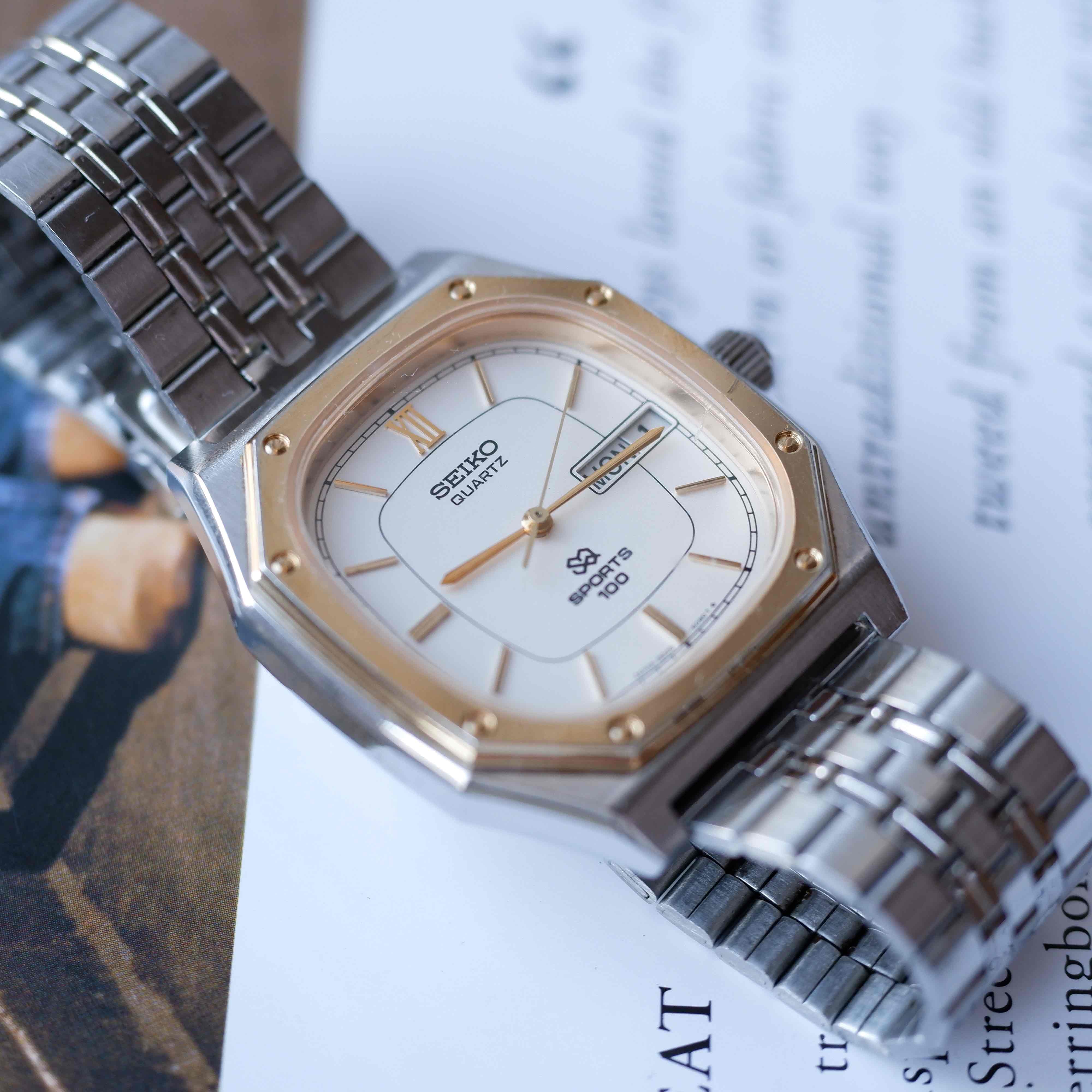 Vintage Seiko SQ 100 Ref. 8229-5040 Day and Date Quartz Two Tone