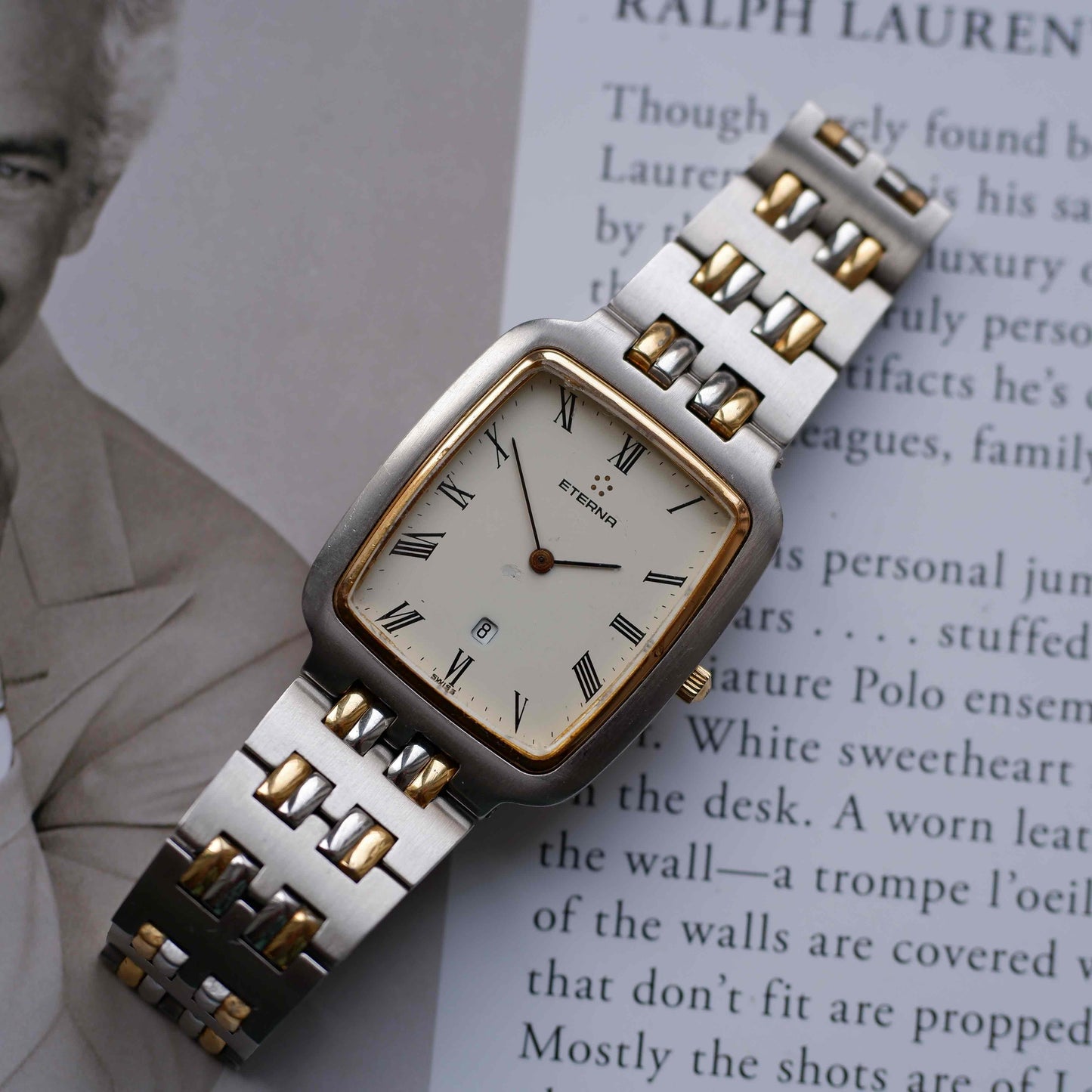 Vintage Eterna Tank Watch Two-Tone White Dial Swiss Made 80s