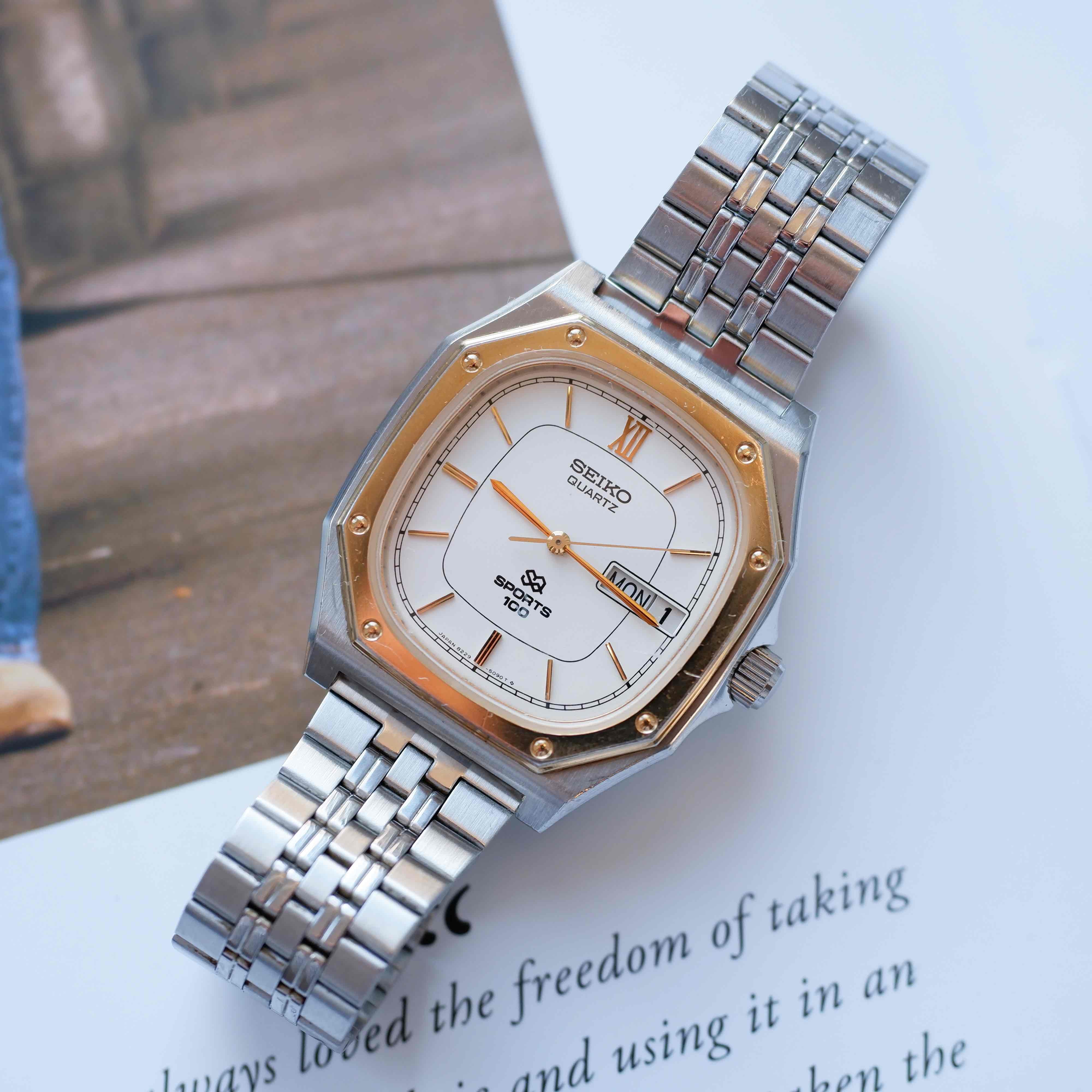 Vintage Seiko SQ 100 Ref. 8229-5040 Day and Date Quartz Two Tone