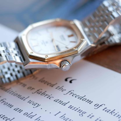 Vintage Seiko SQ 100 Ref. 8229-5040 Day and Date Quartz Two Tone 80s