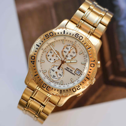 Vintage Citizen Chronograph WR100 80s Gold White Dial Quartz NOS