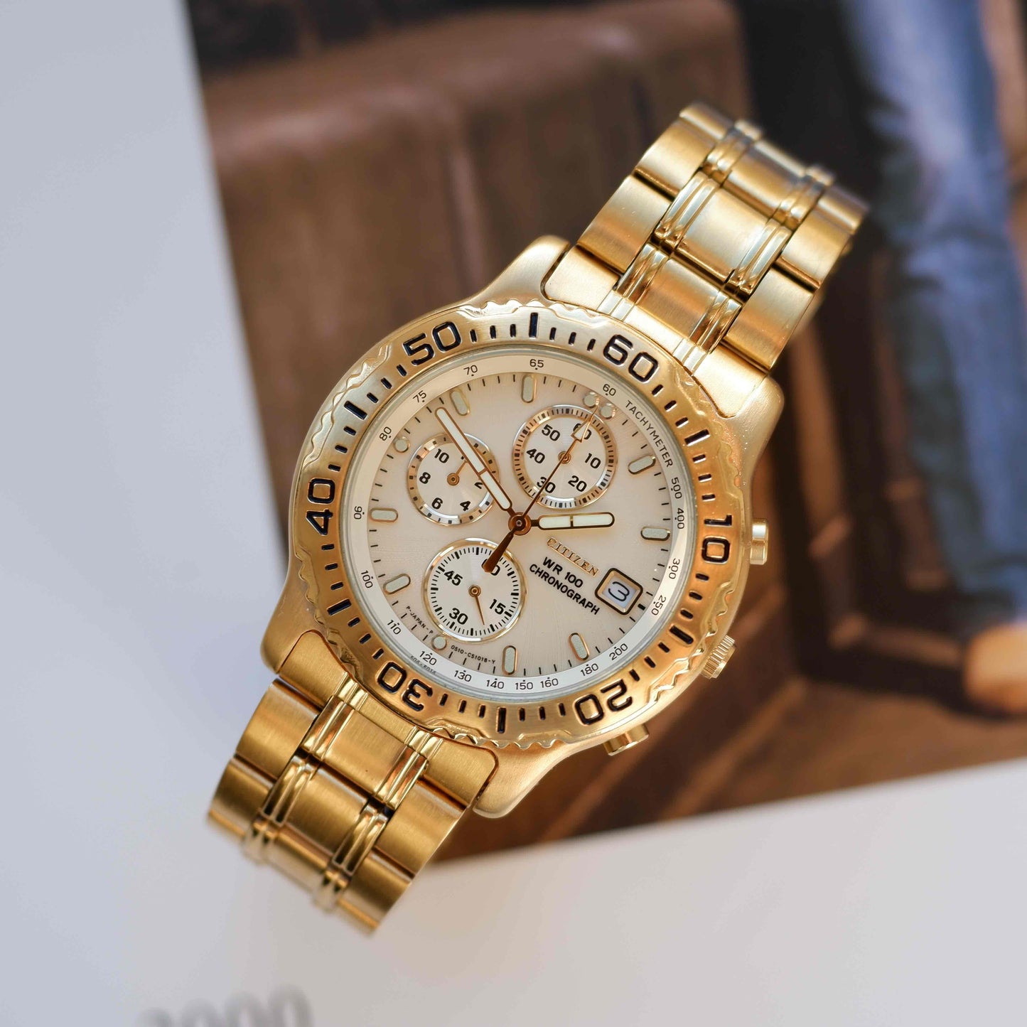 Vintage Citizen Chronograph WR100 80s Gold White Dial Quartz NOS