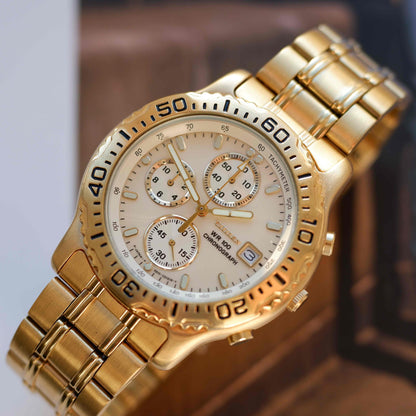 Vintage Citizen Chronograph WR100 80s Gold White Dial Quartz NOS