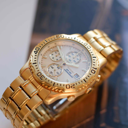 Vintage Citizen Chronograph WR100 80s Gold White Dial Quartz NOS
