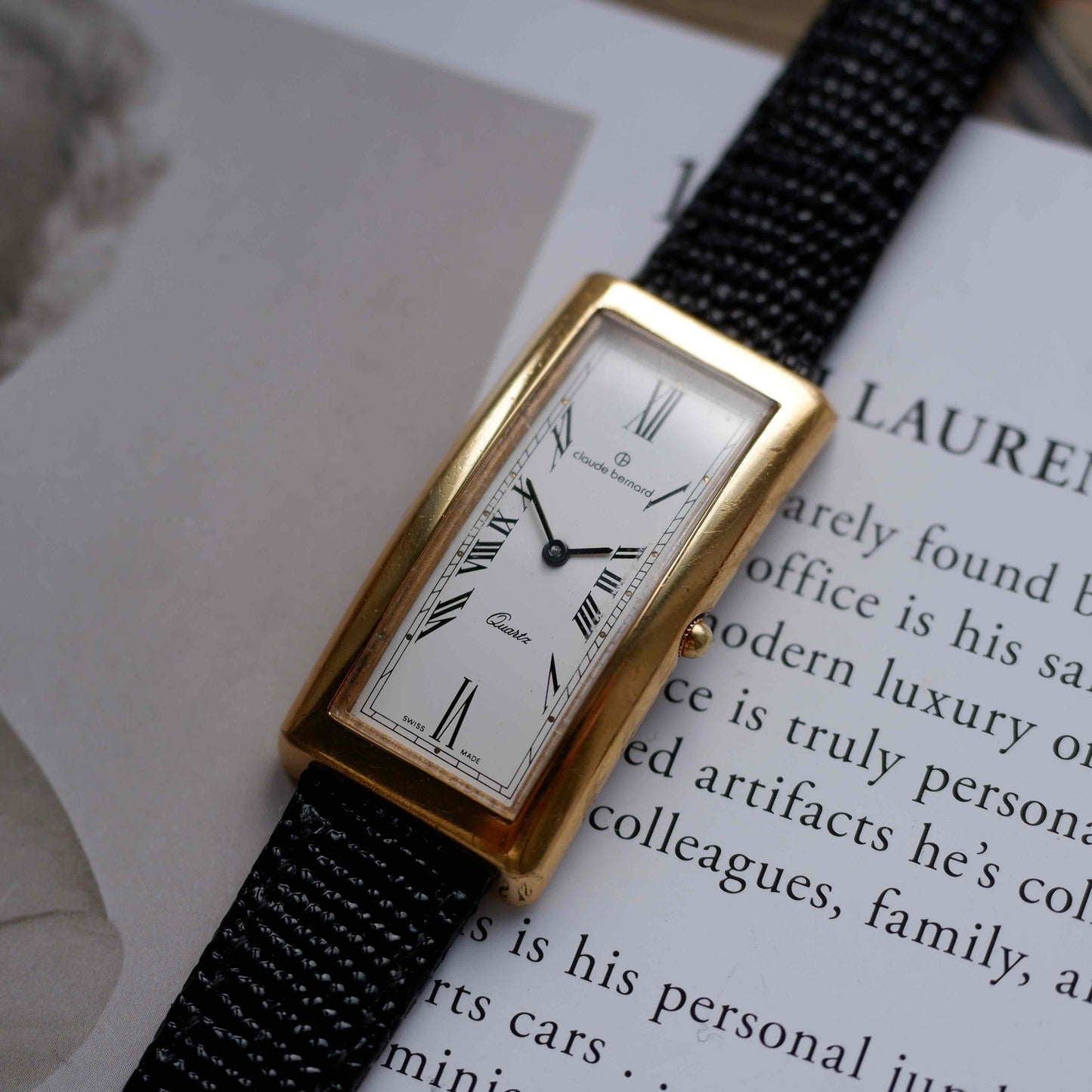 Vintage Claude Bernard Tank Watch Roman Dial 80s Gold Curved Case