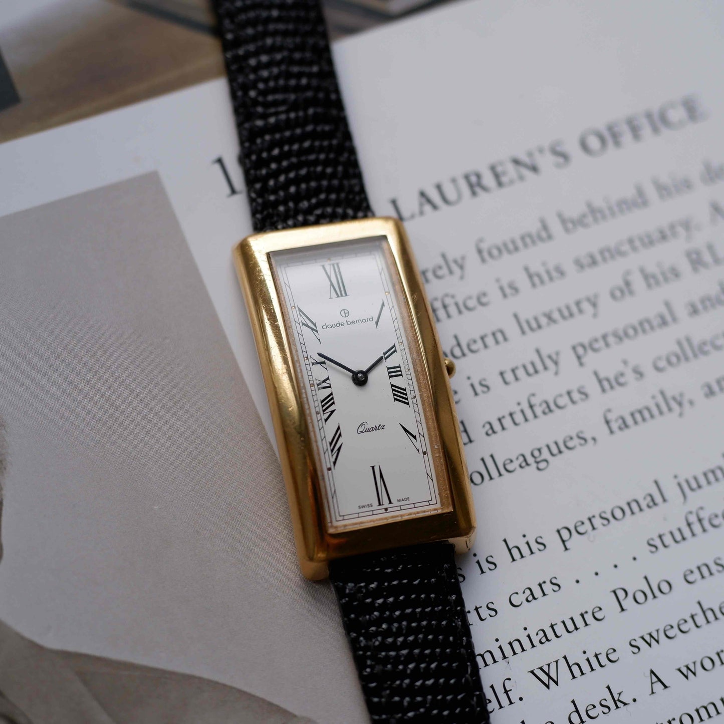 Vintage Claude Bernard Tank Watch Roman Dial 80s Gold Curved Case