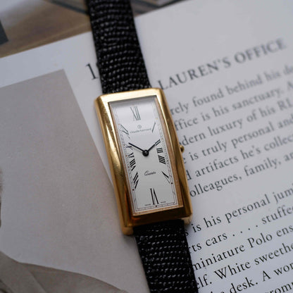 Vintage Claude Bernard Tank Watch Roman Dial 80s Gold Curved Case