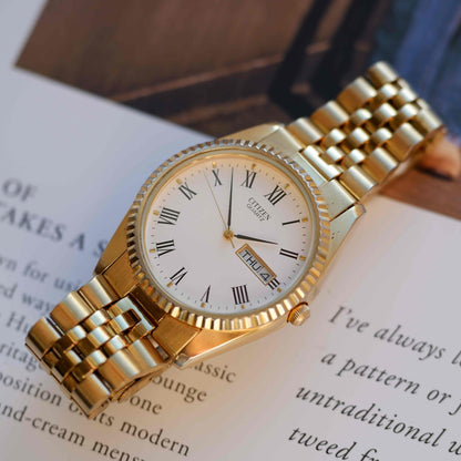Vintage Citizen Day Date 80s Gold Roman Dial Jubilee Bracelet Quartz