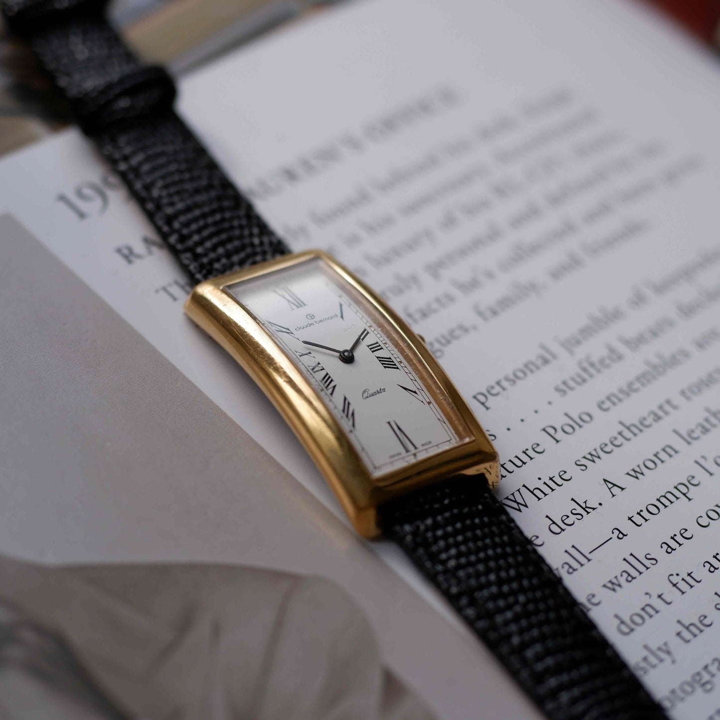 Vintage Claude Bernard Tank Watch Roman Dial 80s Gold Curved Case