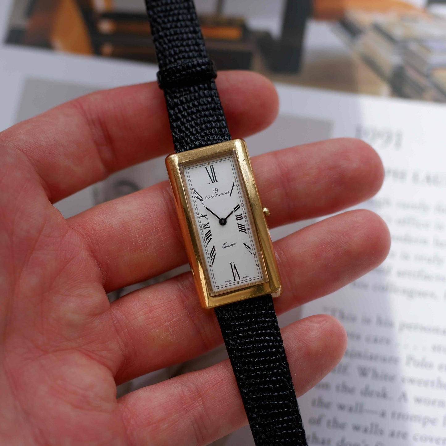 Vintage Claude Bernard Tank Watch Roman Dial 80s Gold Curved Case