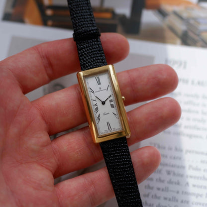 Vintage Claude Bernard Tank Watch Roman Dial 80s Gold Curved Case