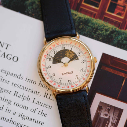 Vintage Favorit Sun & Moon Dress Watch 90s Gold Quartz Mint