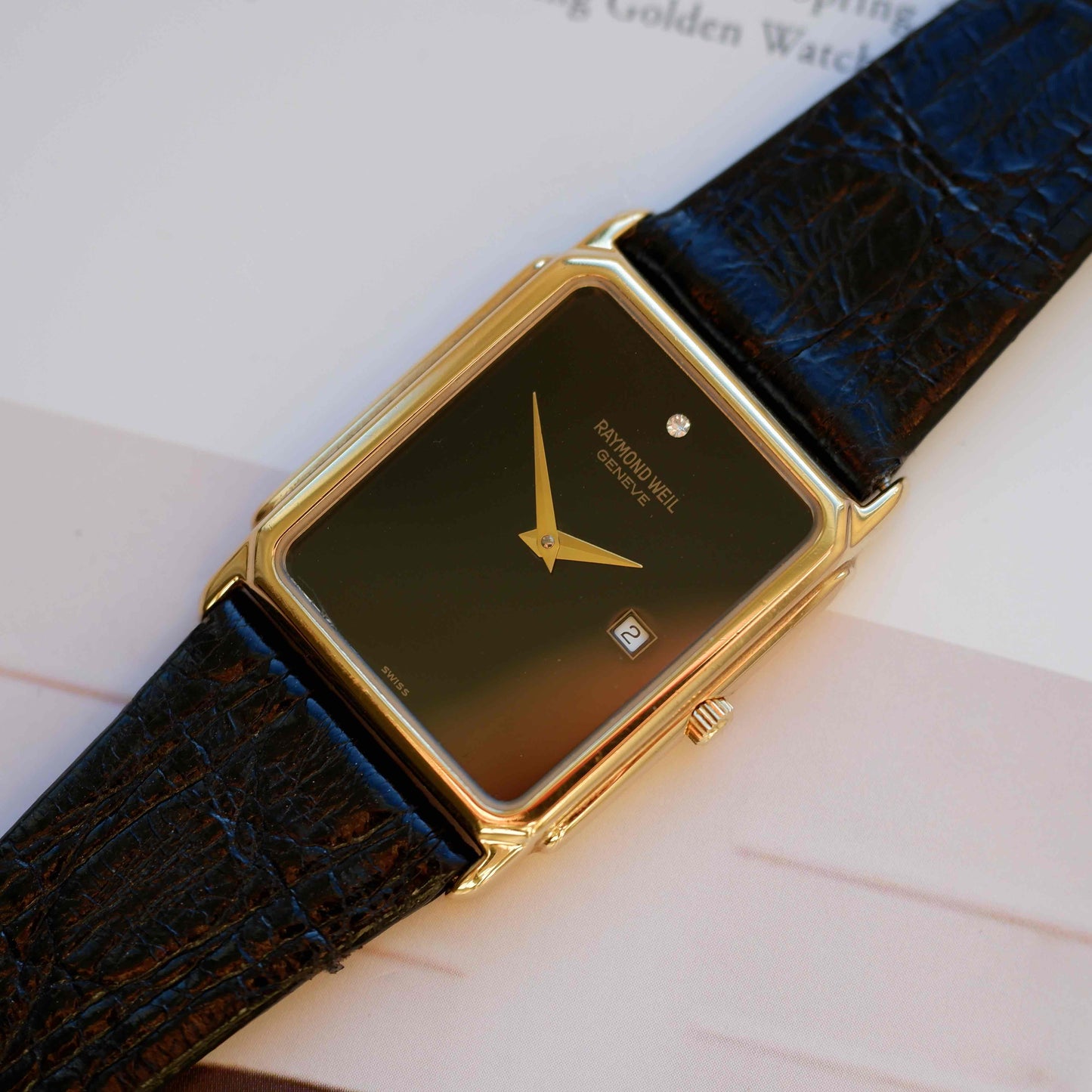 Vintage Raymond Weil Tank Dress Watch Golden Black Dial NOS