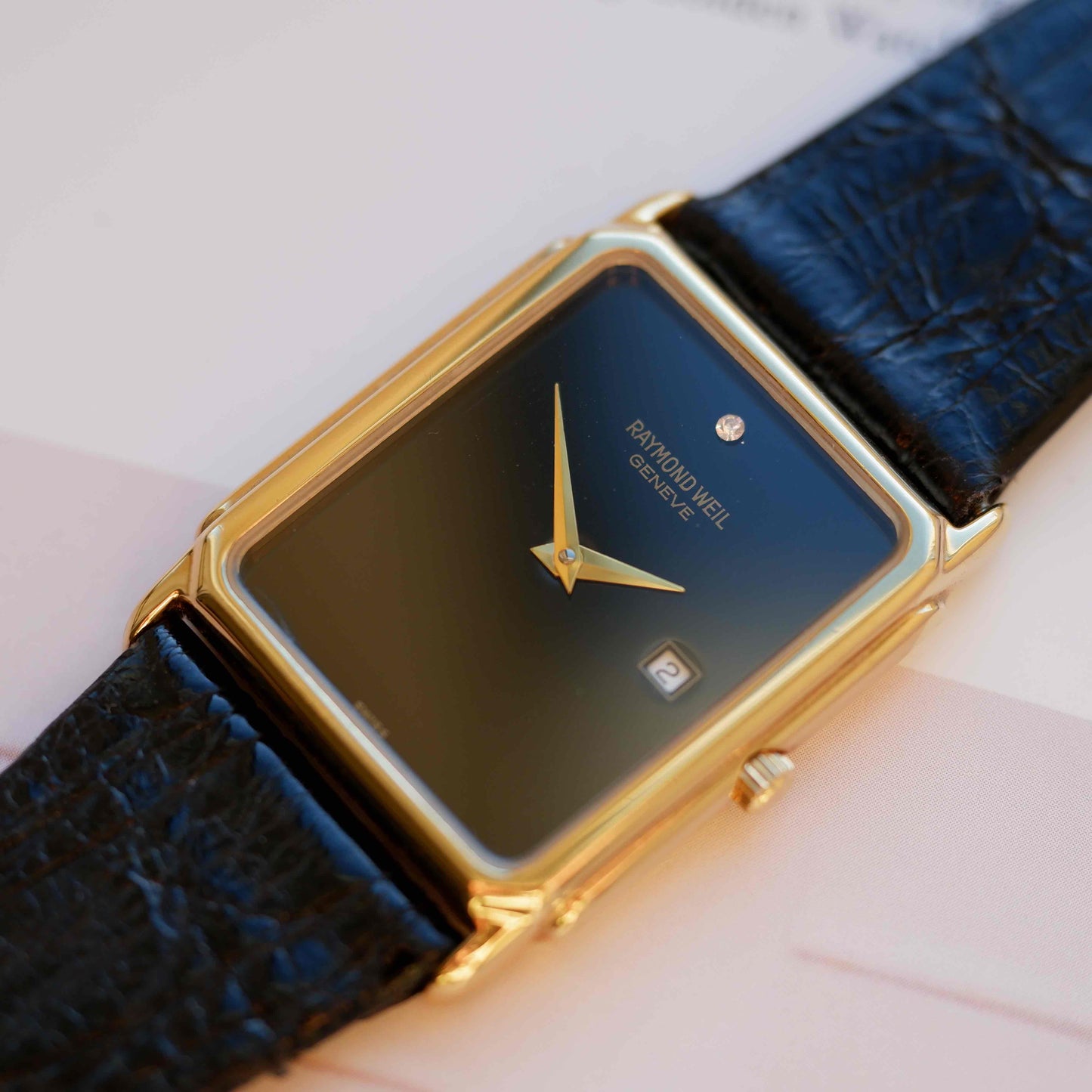 Vintage Raymond Weil Tank Dress Watch Golden Black Dial NOS