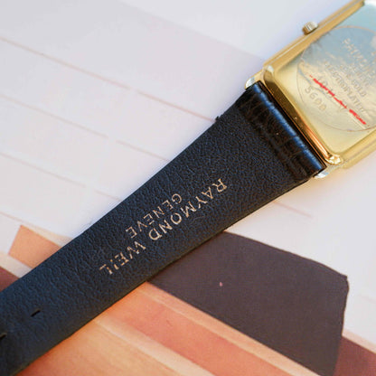Vintage Raymond Weil Tank Dress Watch Golden Black Dial NOS