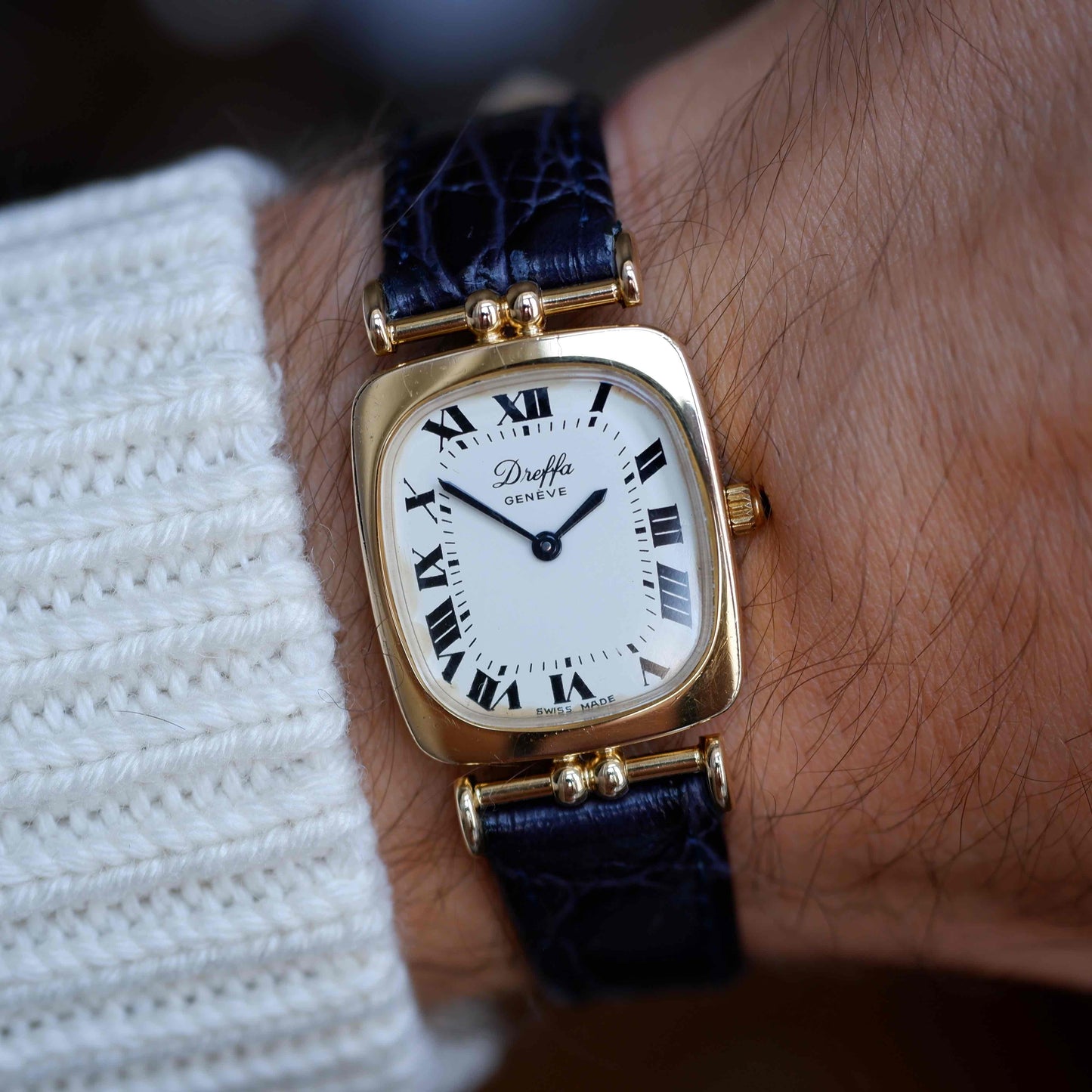 Vintage Dreffa Tank Dress Watch Articulated Lugs Mechanical Golden White Roman Dial