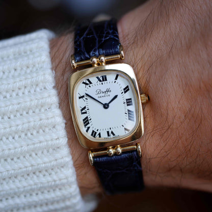 Vintage Dreffa Tank Dress Watch Articulated Lugs Mechanical Golden White Roman Dial