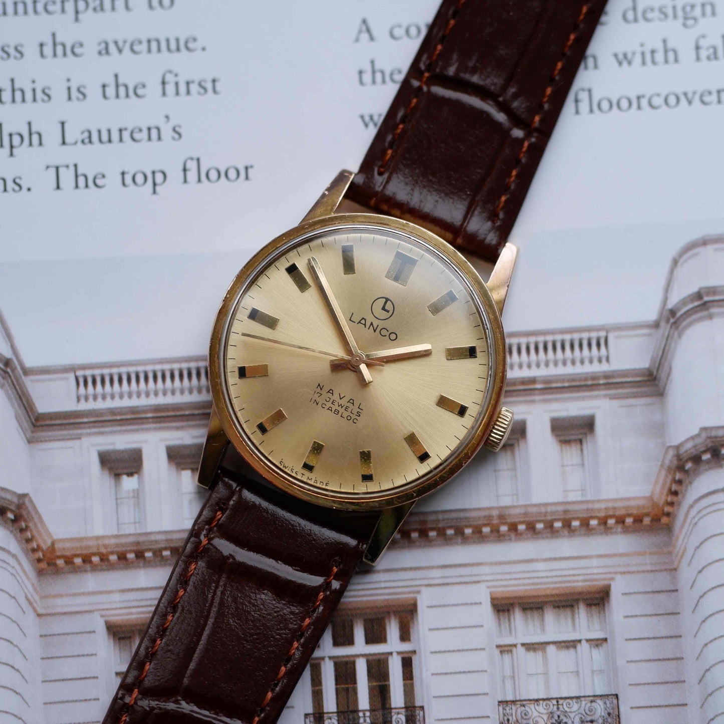 Vintage Lanco Naval Watch 70s Mechanical Golden Sunburst Dial