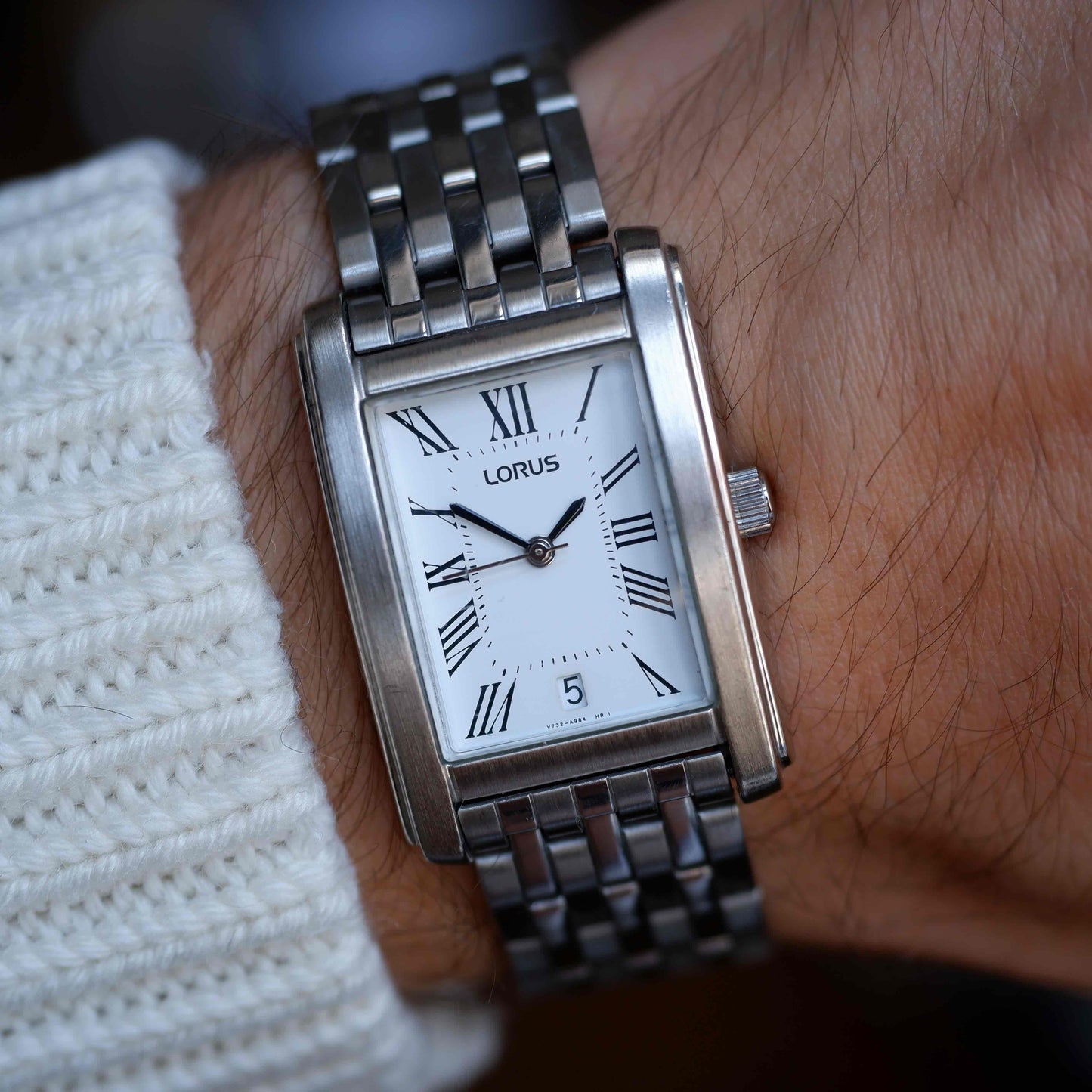 Vintage Lorus Tank White Roman Dial Date and Steel Bracelet 90s
