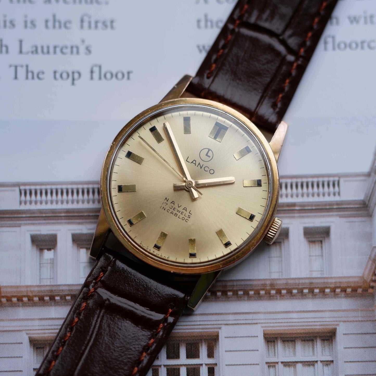 Vintage Lanco Naval Watch 70s Mechanical Golden Sunburst Dial