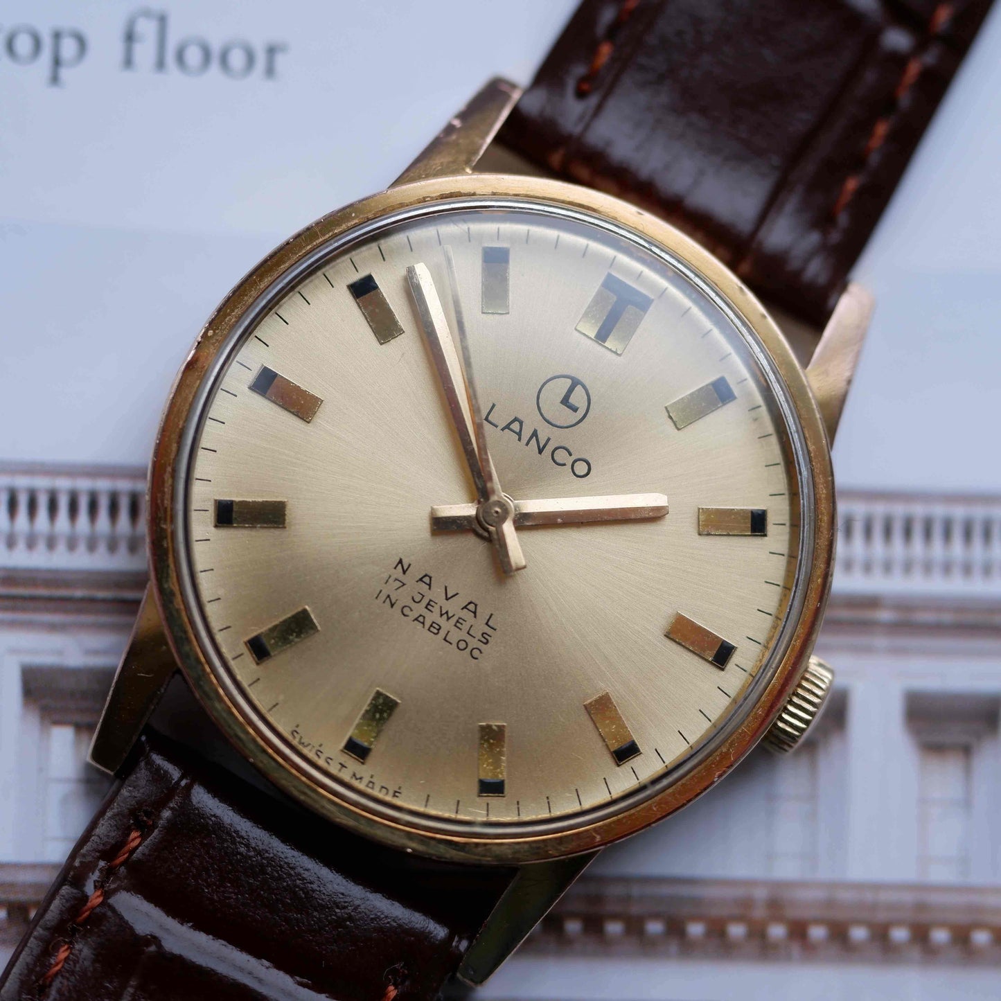 Vintage Lanco Naval Watch 70s Mechanical Golden Sunburst Dial