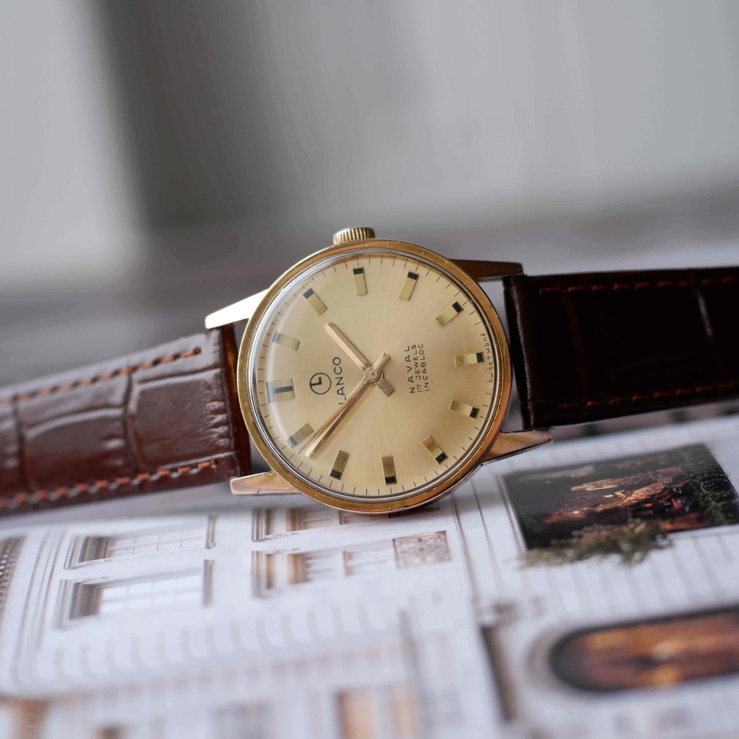 Vintage Lanco Naval Watch 70s Mechanical Golden Sunburst Dial