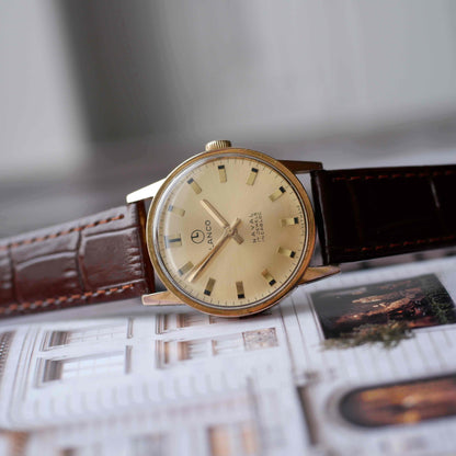 Vintage Lanco Naval Watch 70s Mechanical Golden Sunburst Dial