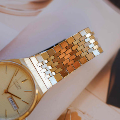 Vintage Citizen Gold Day-Date Quartz 80s Slim Case Spanish Dial