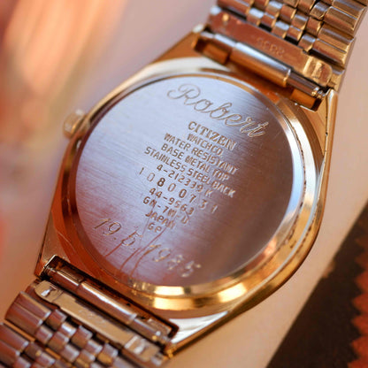 Vintage Citizen Gold Day-Date Quartz 80s Slim Case Spanish Dial