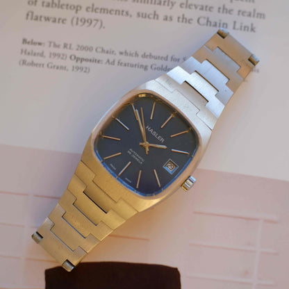 Vintage Hasler Blue Dial Watch 70s TV Case Automatic Swiss Made Mint