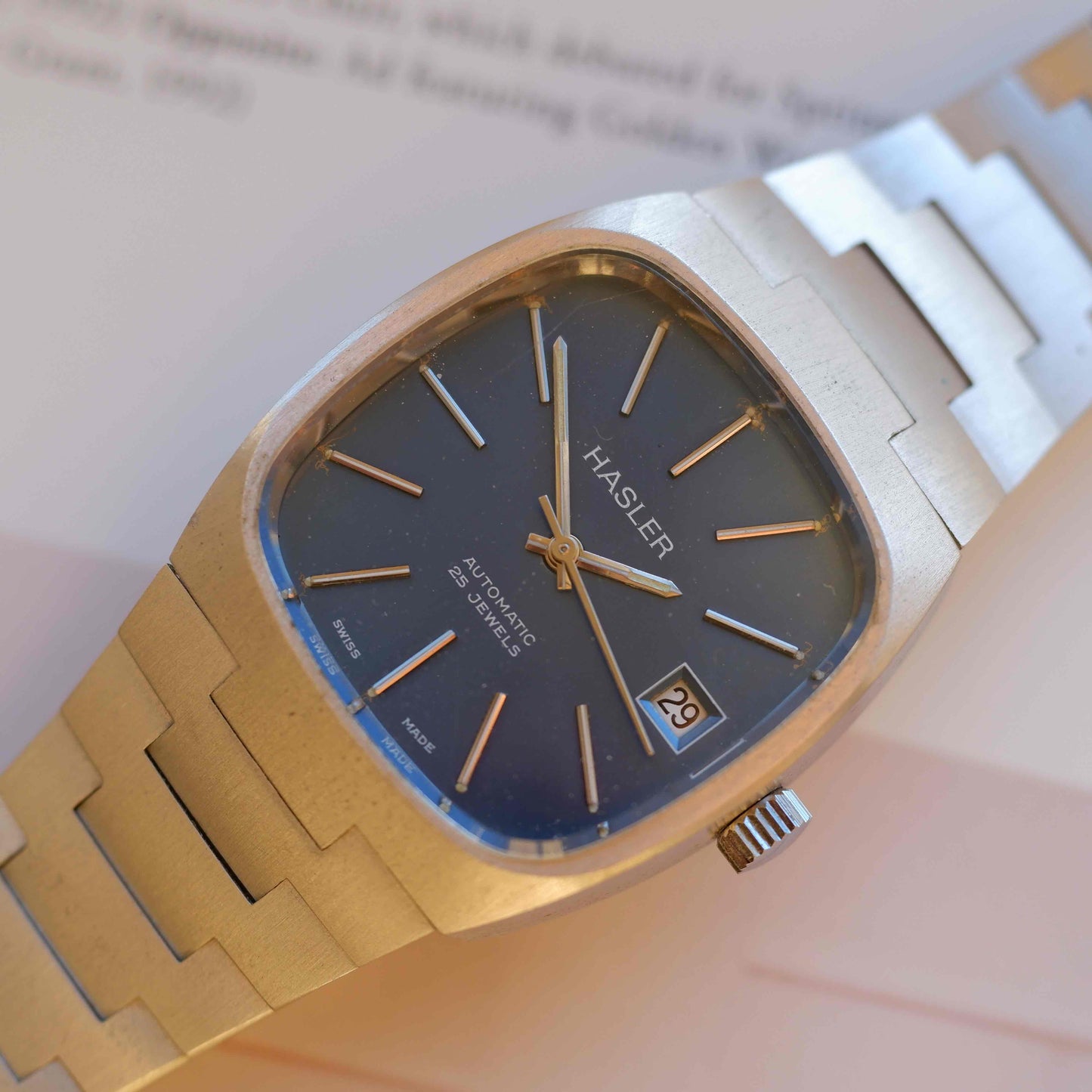 Vintage Hasler Blue Dial Watch 70s TV Case Automatic Swiss Made Mint