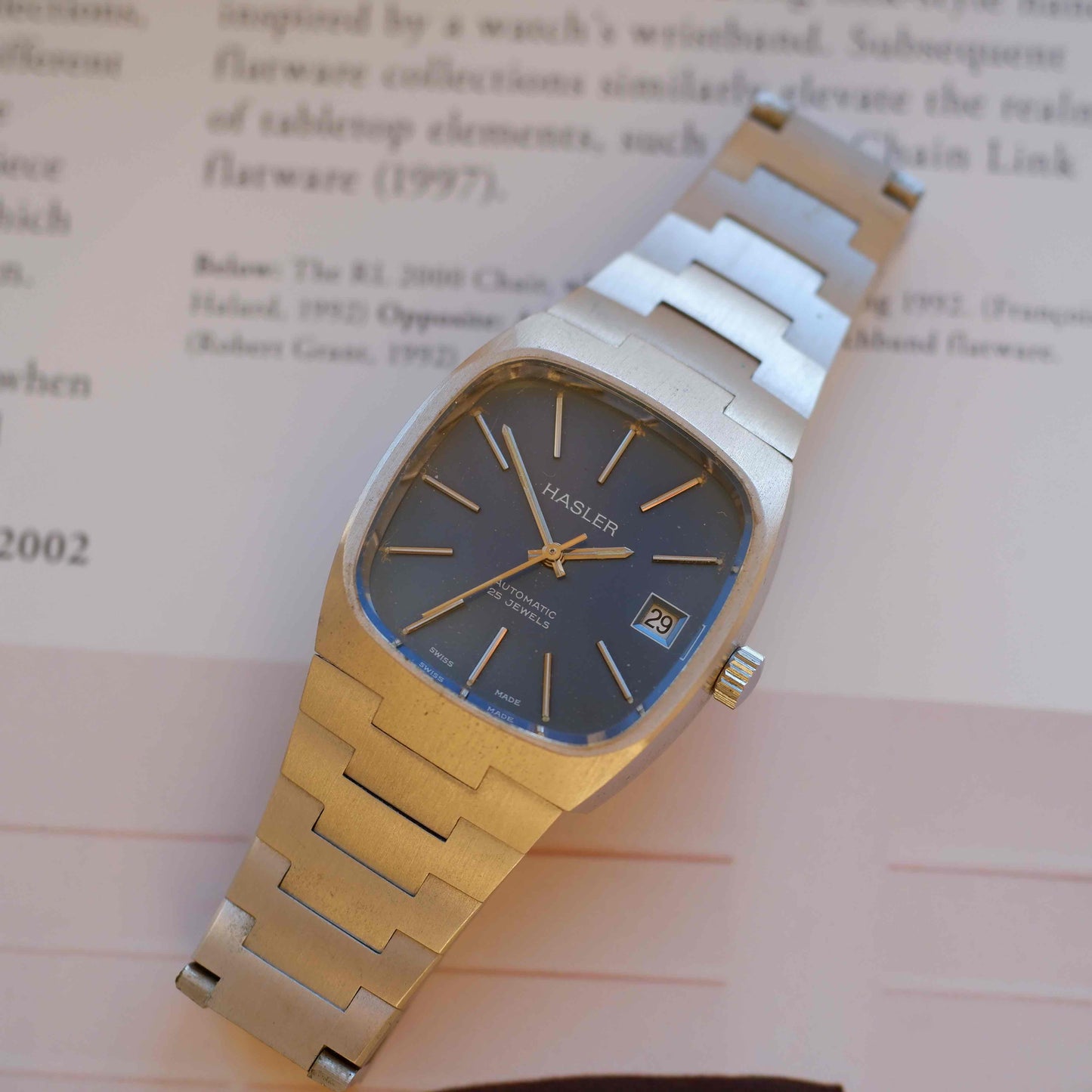 Vintage Hasler Blue Dial Watch 70s TV Case Automatic Swiss Made Mint