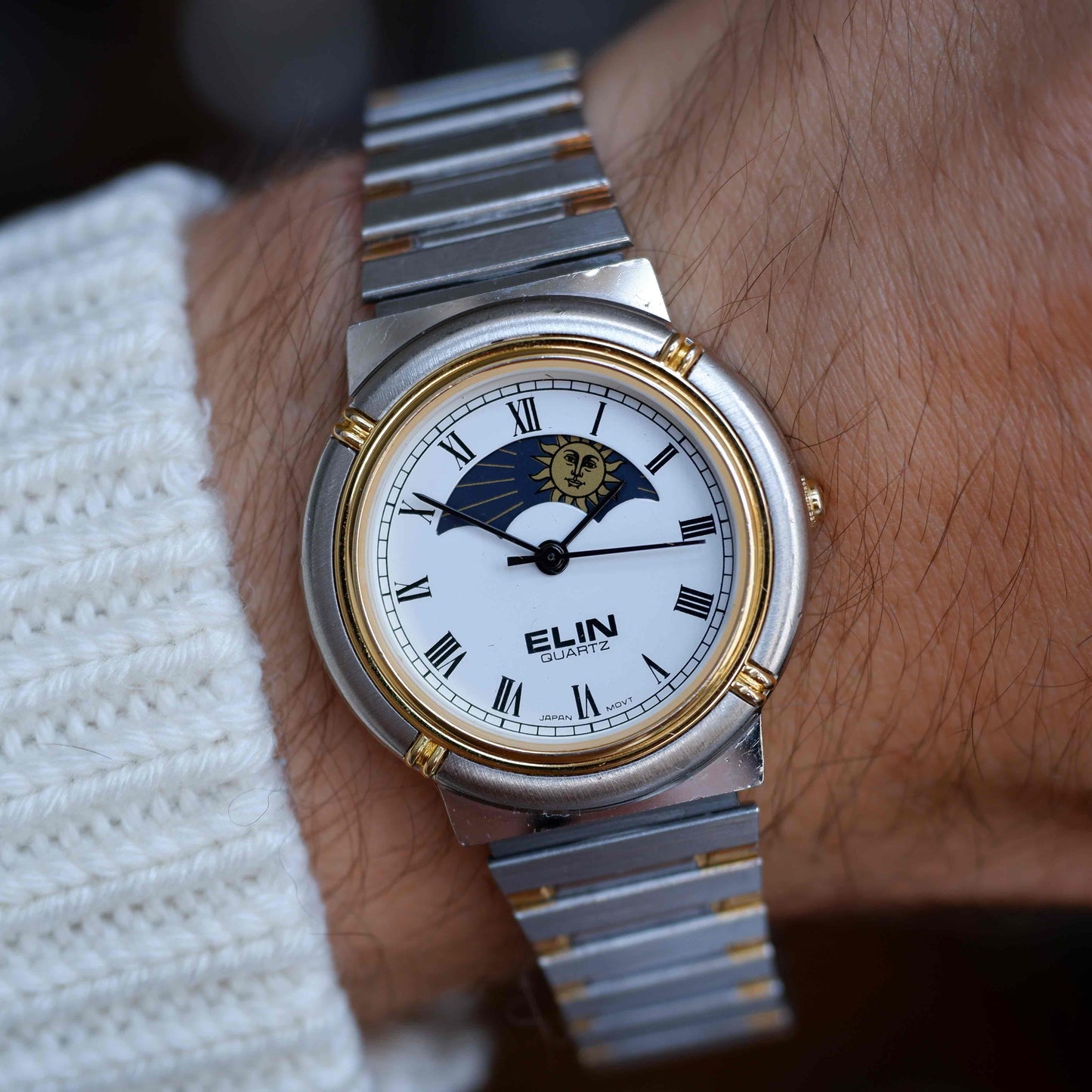 Vintage Elin Sun & Moon Two-Tone White Roman Dial 80s Golden - MINT