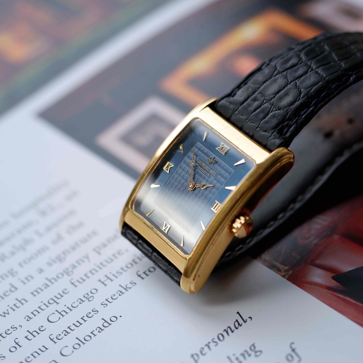 Vintage Raymond Weil Tank Dress Watch Mechanical Golden Blue Dial