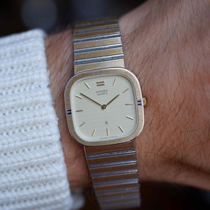 Vintage Citizen Dress Integrated Two-Tone Bracelet Strcutured Champagne Dial 80s