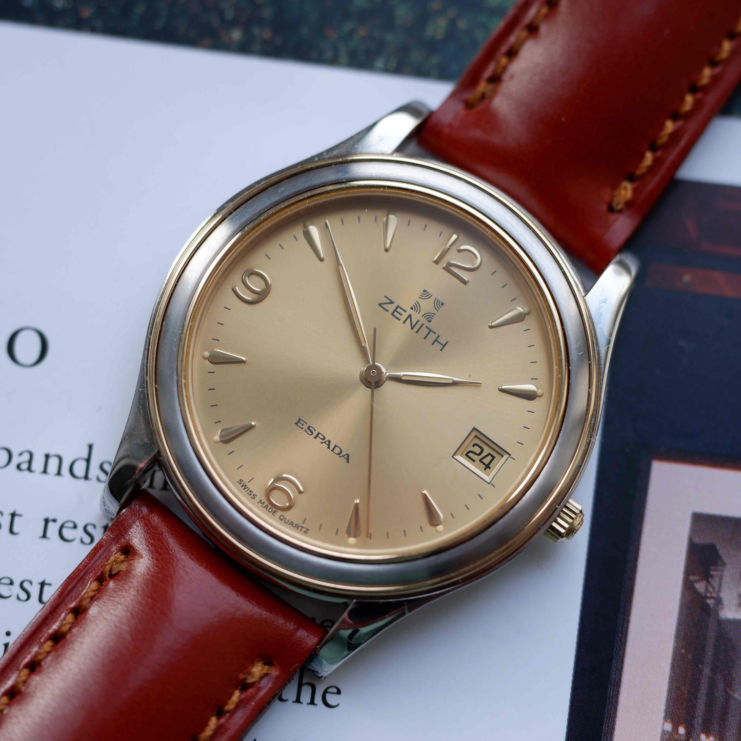 Vintage Zenith Espada Golden Sunnburst Dial Two-Tone Quartz 90s - NOS
