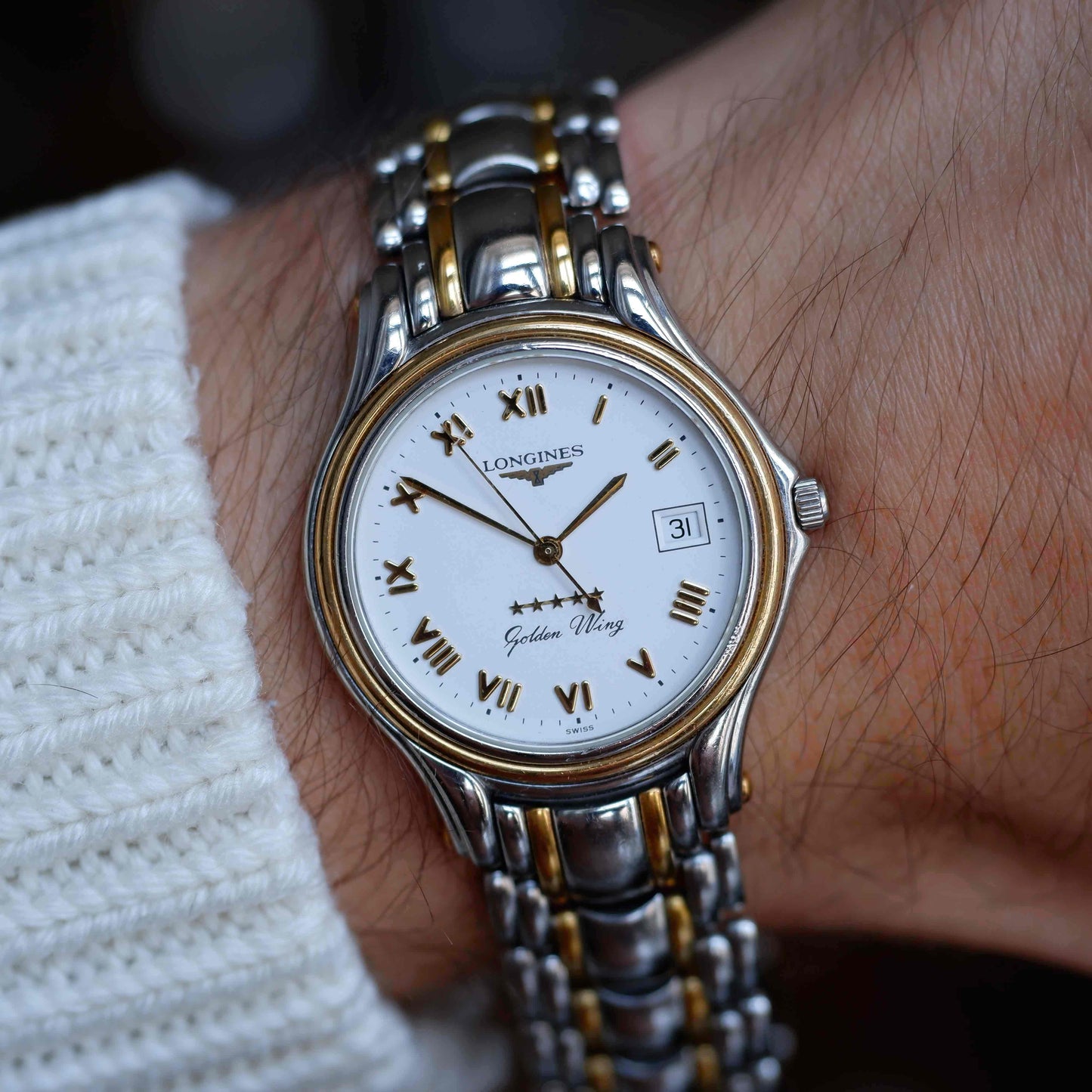 Vintage Longines Golden Wing L3.606.5 18K Gold 80s White Roman Dial with Date
