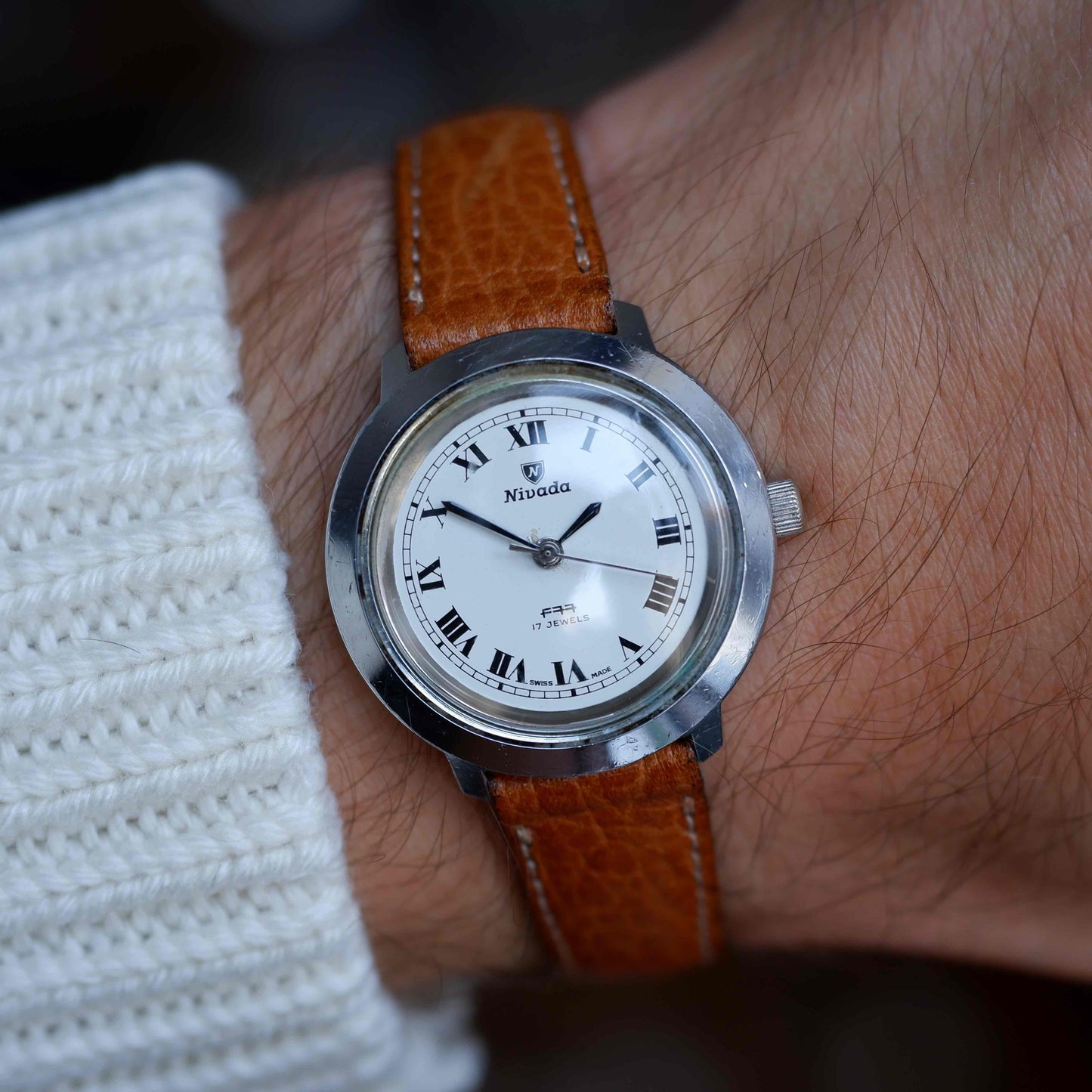 Vintage Nivada F77 Midsize White Roman Dial Automatic 70s